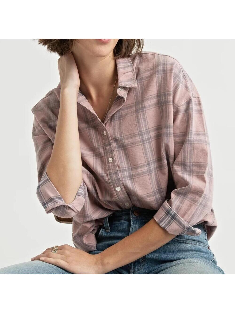 Lucky Brand Pink Plaid Corduroy Button Down Shirt S Small NWT Frayed Hem NEW
